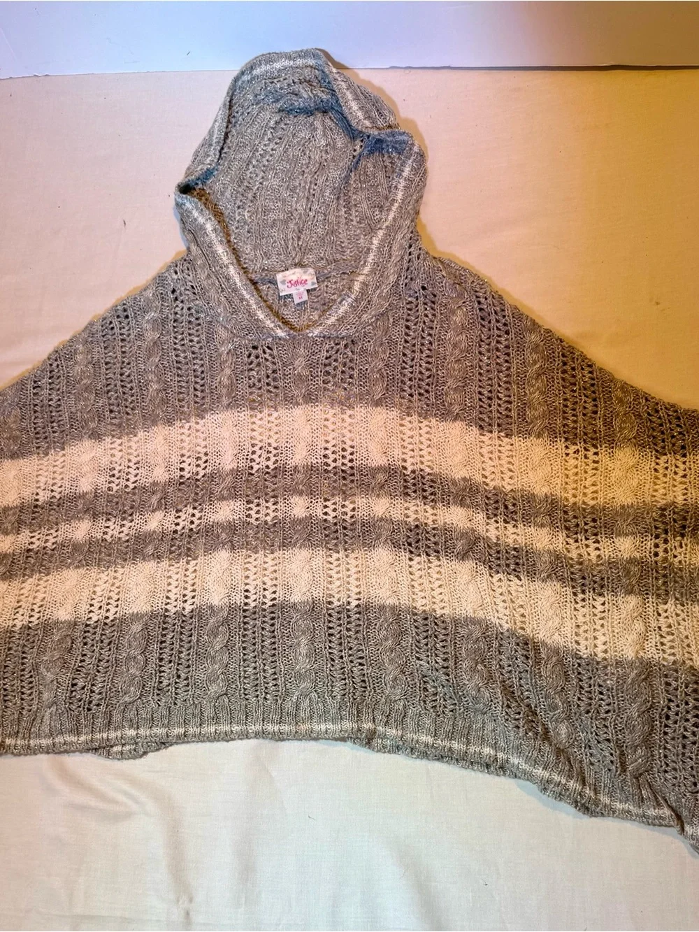 Justice Girls Open Knit Hooded Poncho Sweater Grey